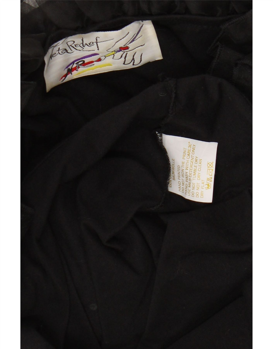 Винтажная женская туника с рюшами спереди и длинными рукавами, Великобритания, 16, большой черный хлопок