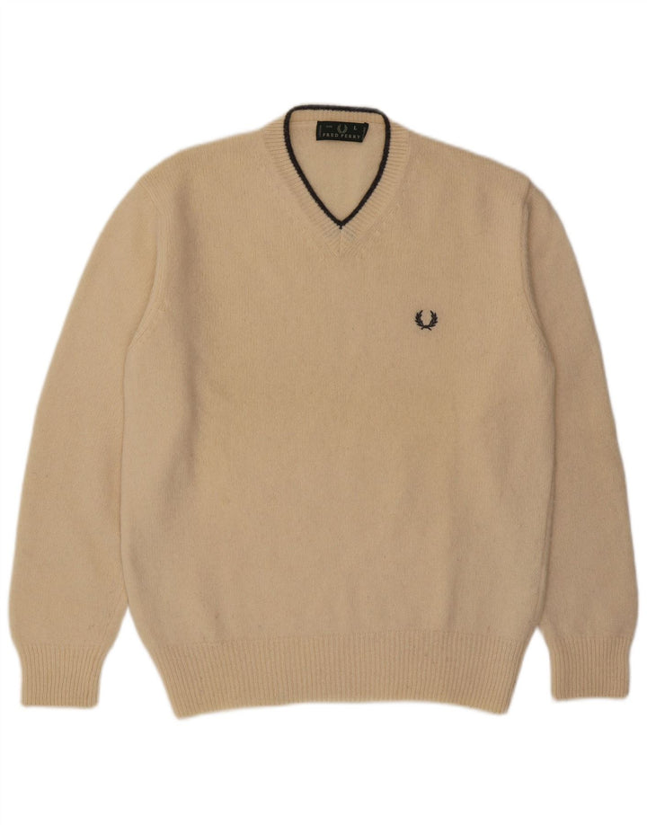 Мужской джемпер с v-образным вырезом Fred Perry, большой бежевый шерстяной свитер