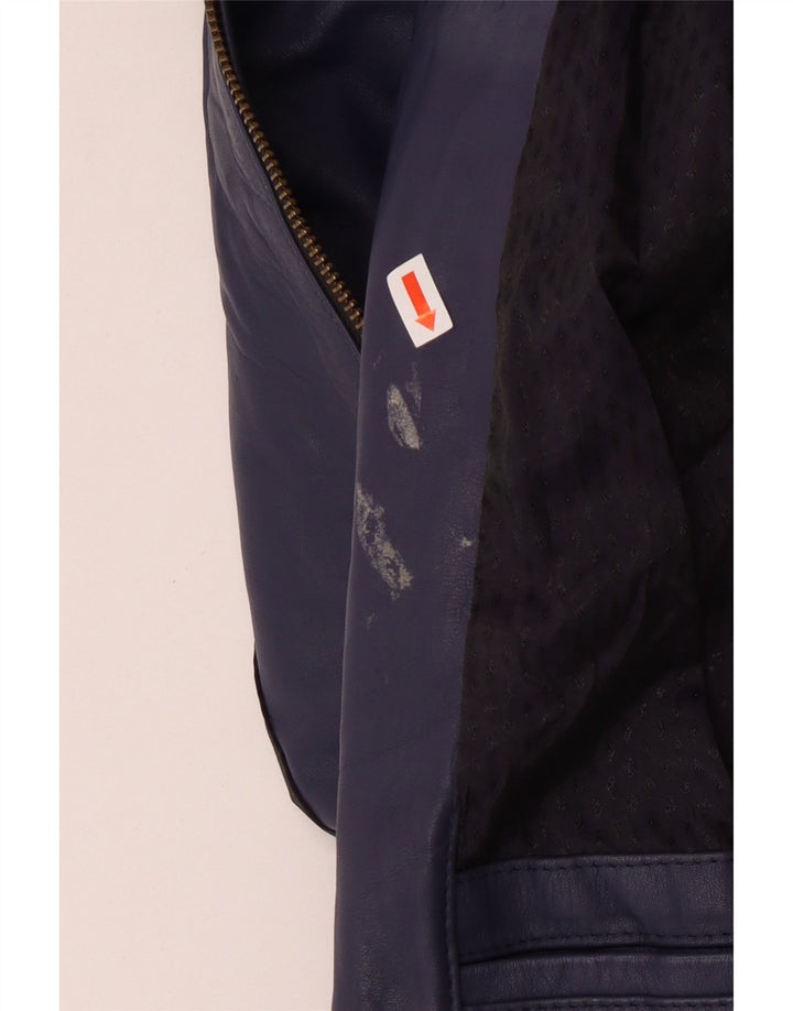 Винтажная женская кожаная куртка-бомбер UK 14, средний темно-синий