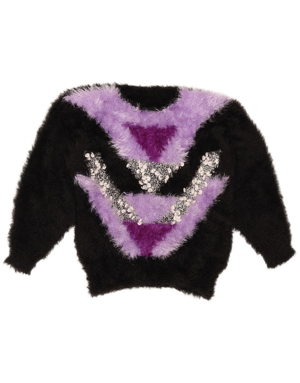 ВИНТАЖНЫЙ женский джемпер с круглым вырезом, Великобритания 14, средний черный цвет с цветными блоками