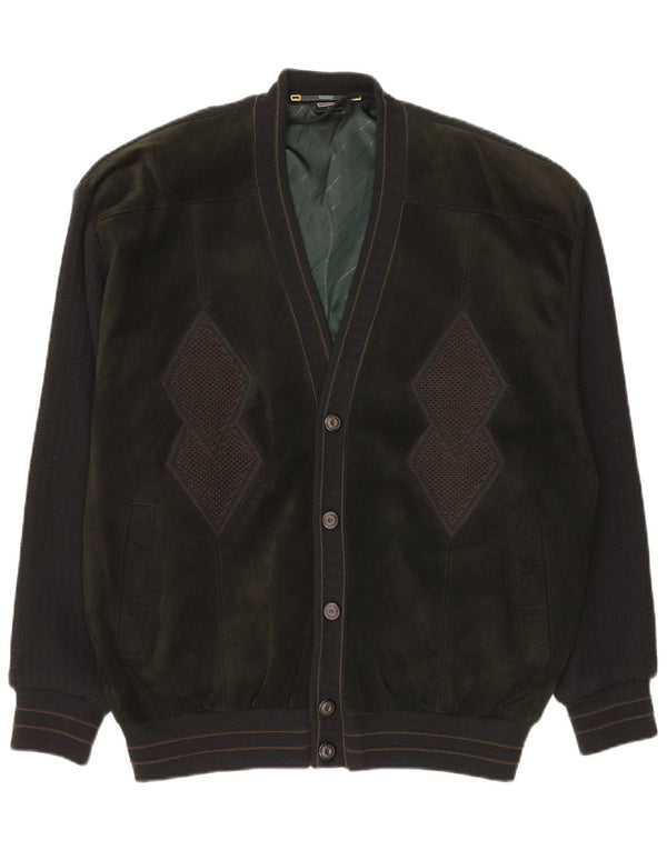 WESTBURY Mens Cardigan Sweater Large Green Argyle/Diamond Acrylic Classic