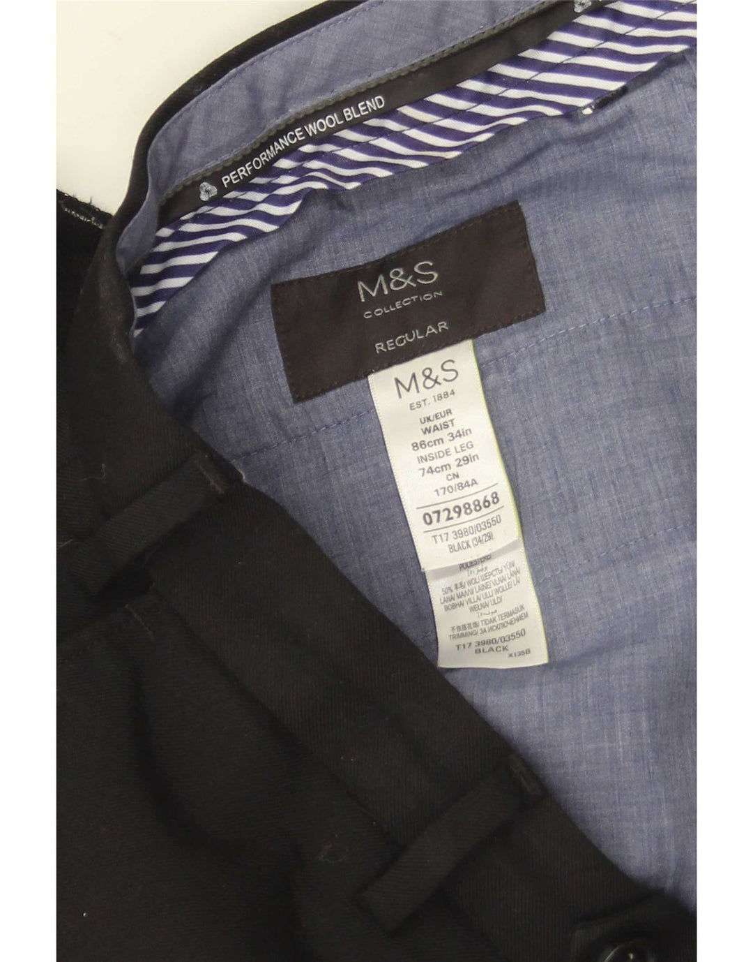 Мужские прямые костюмные брюки Marks & Spencer W34 L29, черные шерстяные