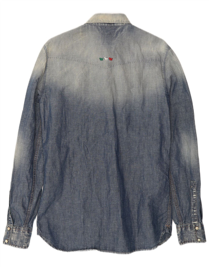 VINTAGE Mens Slim Denim Shirt Medium Blue Cotton