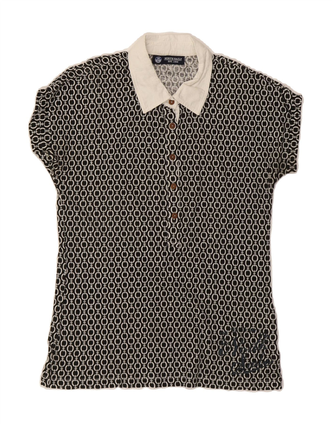 NORTH SAILS Womens Polo Shirt UK 12 Medium Black Geometric Cotton Vintage North Sails and Second-Hand North Sails from Messina Hembry 