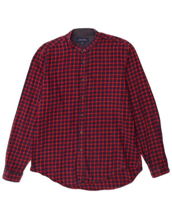 Мужская рубашка узкого кроя Zara XL, бордовый, хлопок в мелкую клетку