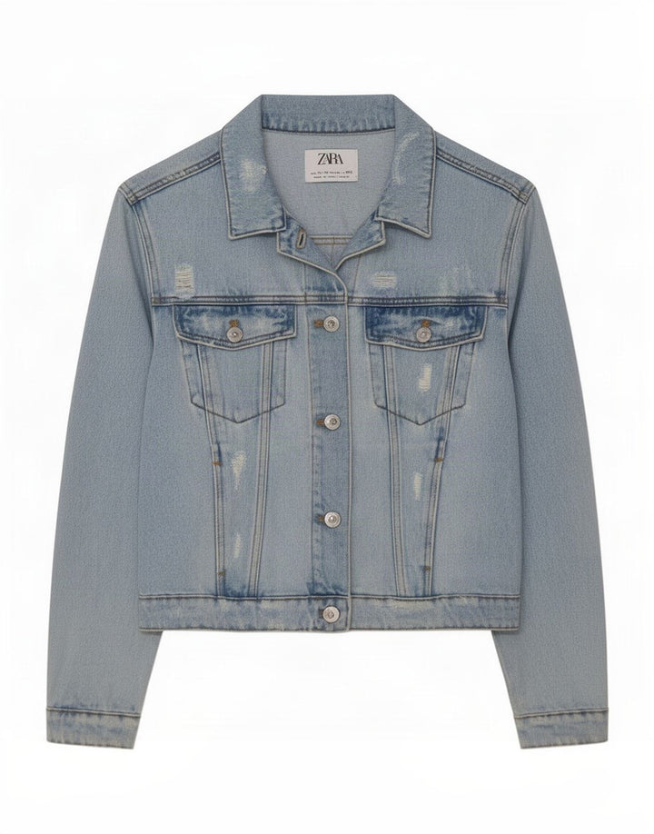Джинсовая куртка с потертостями Zara для девочек 11-12 лет, синяя, хлопок