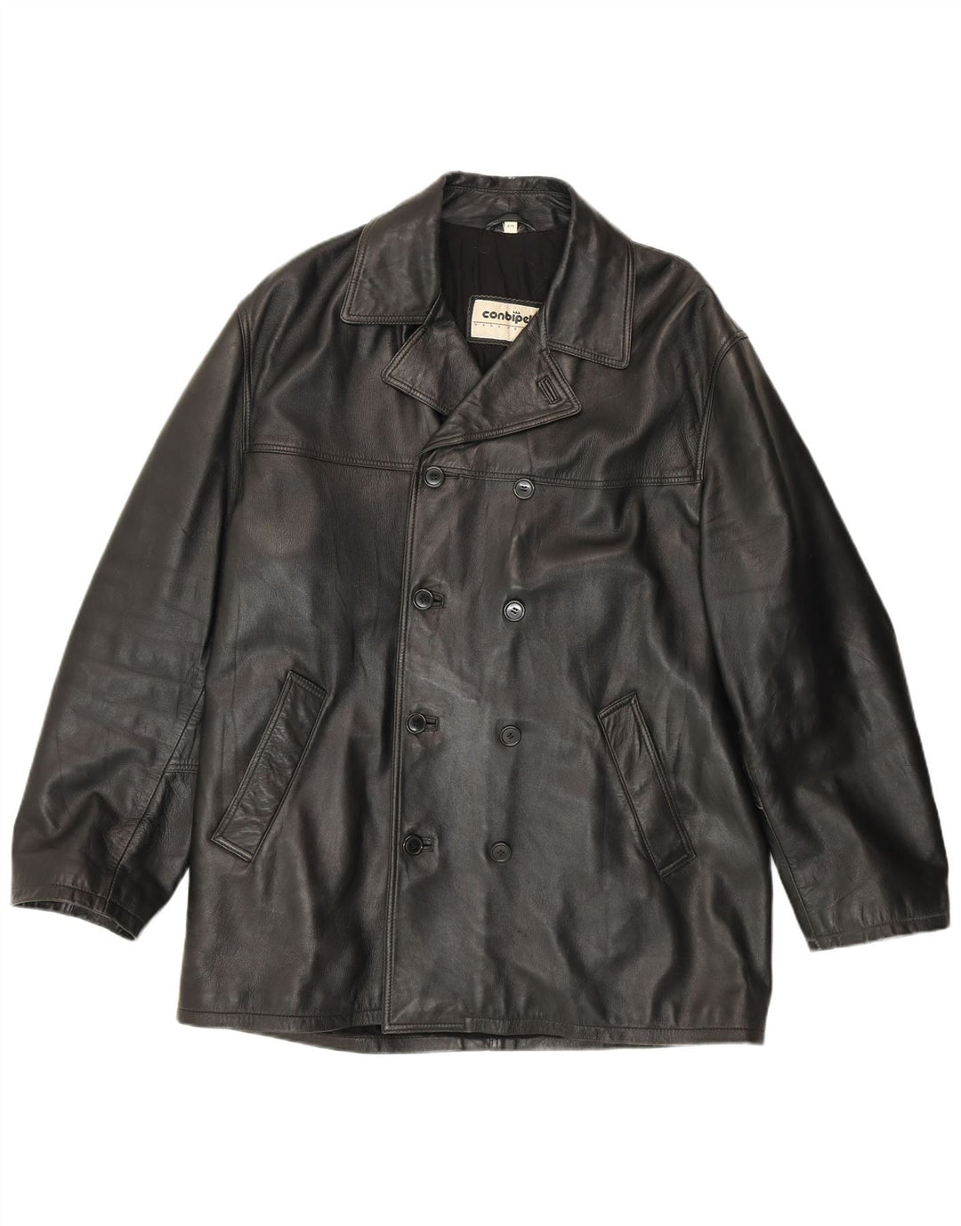 Мужское двубортное кожаное пальто Conbipel, размер 52, большое, черное кожаное