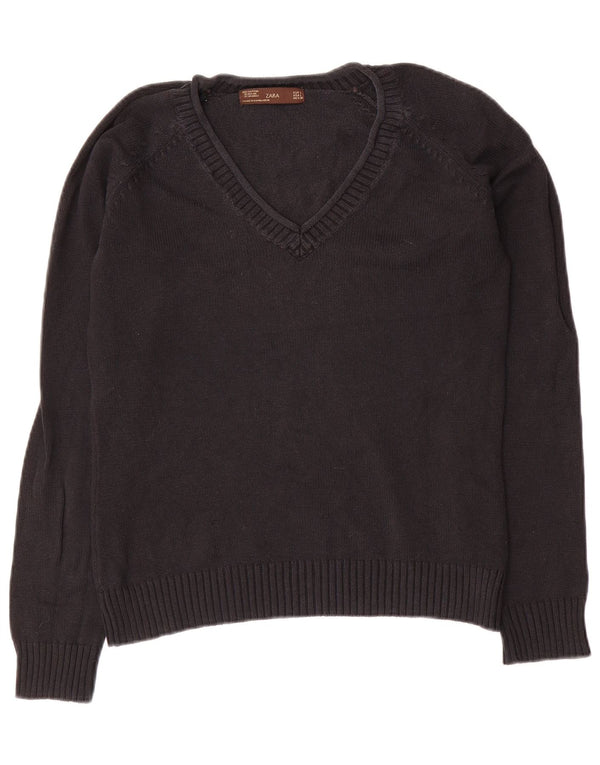 Zara Womens V-Neck Jumper Sweater UK 14 Large Black Cotton