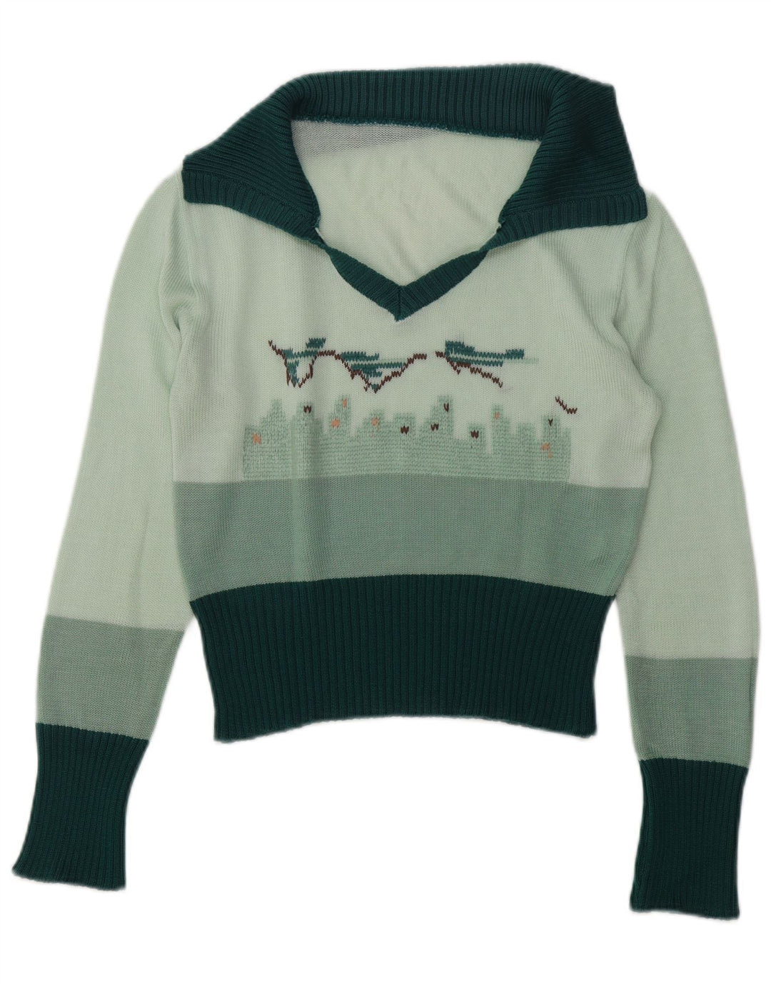 Винтажный женский джемпер с воротником-поло с рисунком, Великобритания, 14, средний зеленый цвет