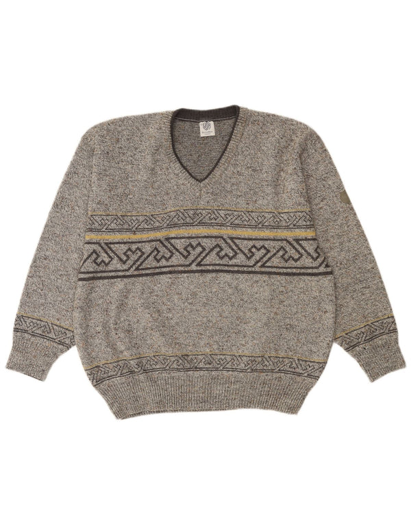 Мужской джемпер с v-образным вырезом VINTAGE IT 52, большой серый, шерсть с геометрическим рисунком