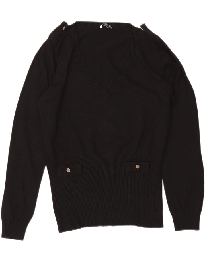 Женский джемпер с v-образным вырезом в стиле милитари MARELLA UK 20 2XL, черный вискоза