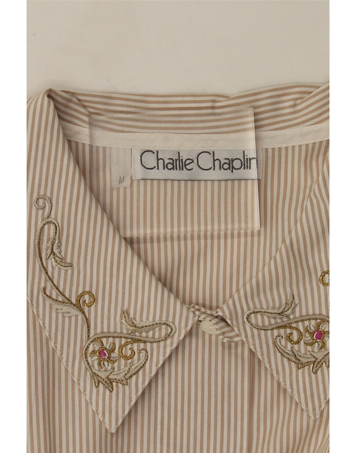 Винтажная женская рубашка UK 14, хлопок среднего бежевого цвета в тонкую полоску