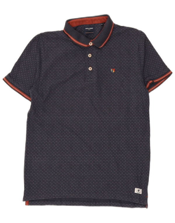 JACK & JONES Mens Premium Polo Shirt Medium Navy Blue Geometric Cotton
