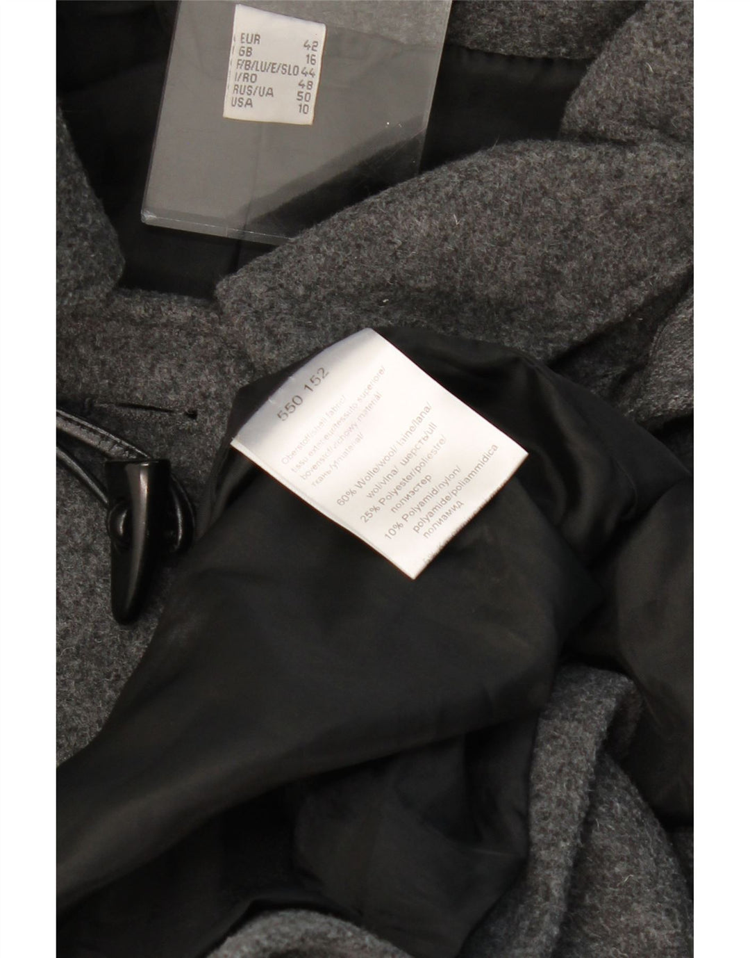 ВИНТАЖНЫЙ женский дафлкот с капюшоном UK 16, большой, серый, шерстяной