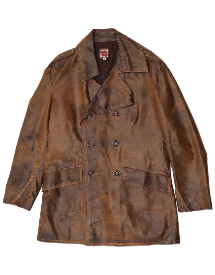 Мужское кожаное двубортное пальто Sasch UK 38, кожа среднего коричневого цвета