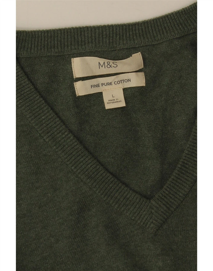 Мужской джемпер с v-образным вырезом MARKS & SPENCER, большой зеленый хлопковый свитер