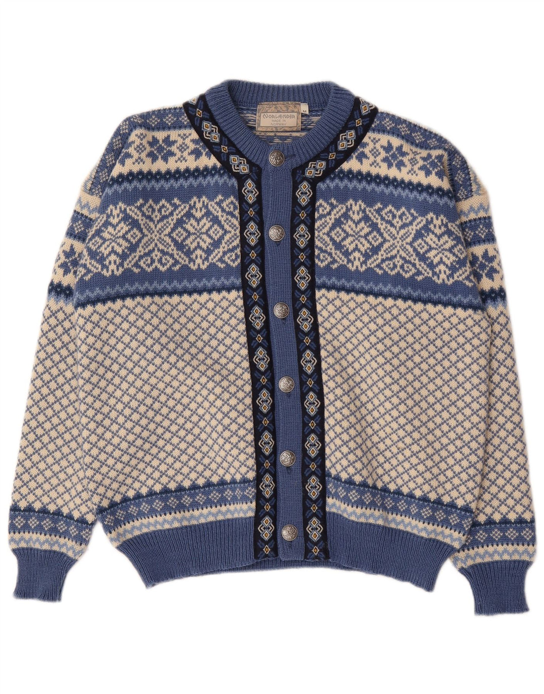 Винтажный мужской кардиган-свитер среднего синего цвета Fair Isle