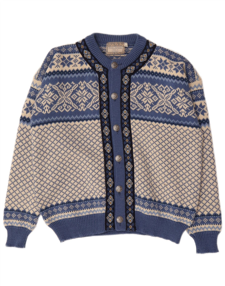 Винтажный мужской кардиган-свитер среднего синего цвета Fair Isle