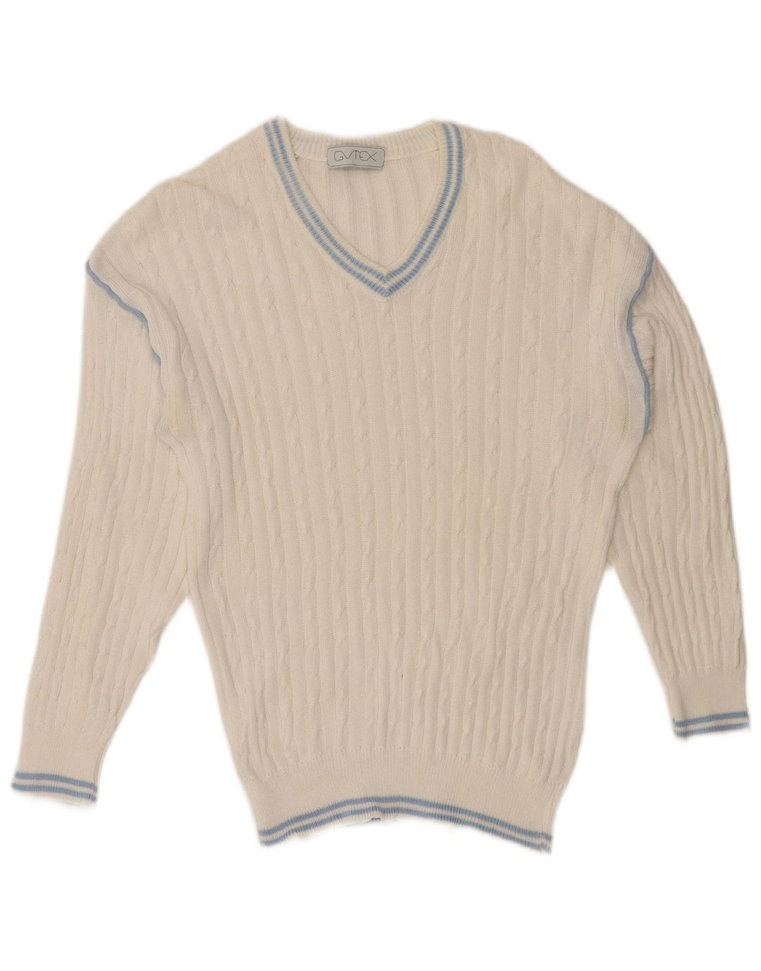 VINTAGE Mens V-Neck Jumper Sweater Small White Cotton