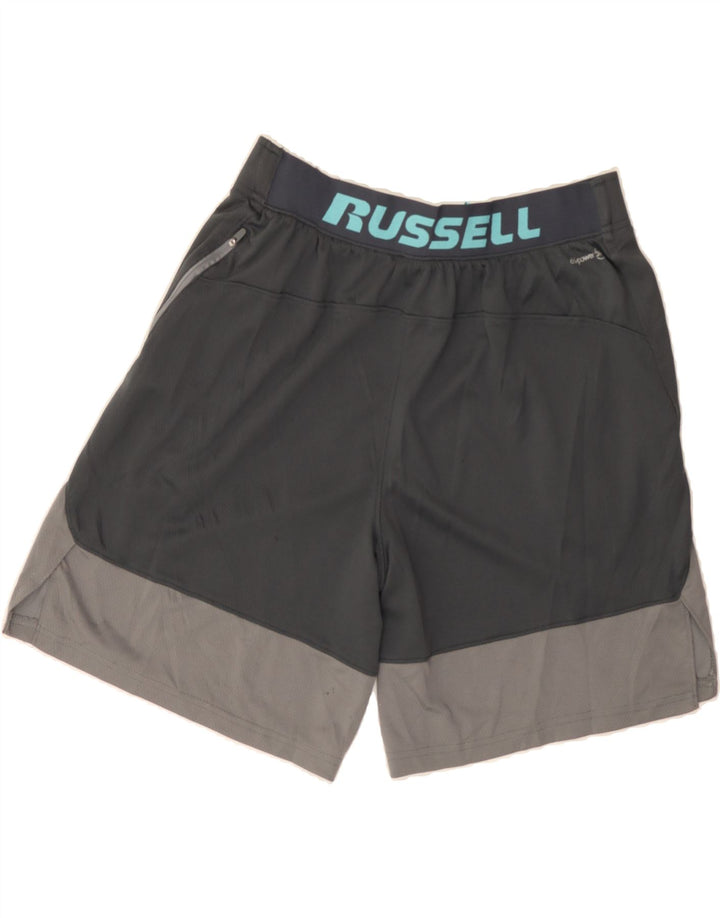 RUSSELL ATHLETIC Mens Graphic Sport Shorts Large  Grey Colourblock Vintage Russell Athletic and Second-Hand Russell Athletic from Messina Hembry 