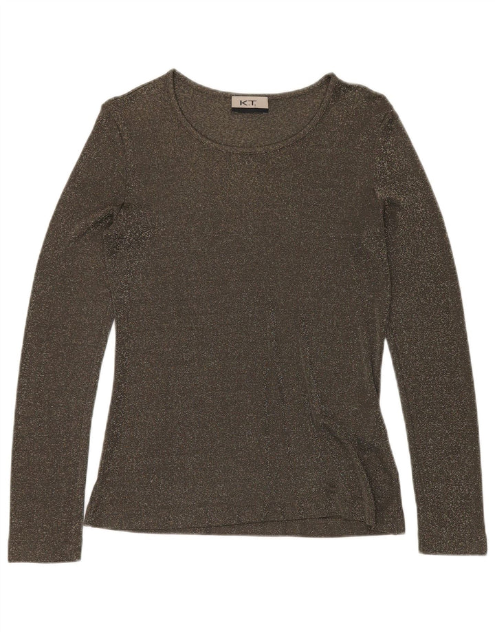 ВИНТАЖНЫЙ женский топ с длинным рукавом UK 12, средний зеленый вискоза с крапинками