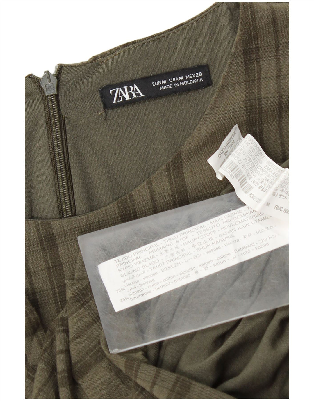 Женское платье прямого кроя с рукавом 3/4 Zara UK 12, средний цвет хаки, вискоза в клетку