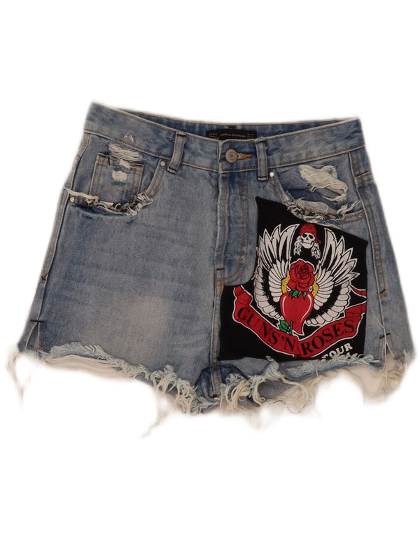 ZARA Womens Guns & Roses Distressed Denim Shorts EU 34 2XS W24  Blue