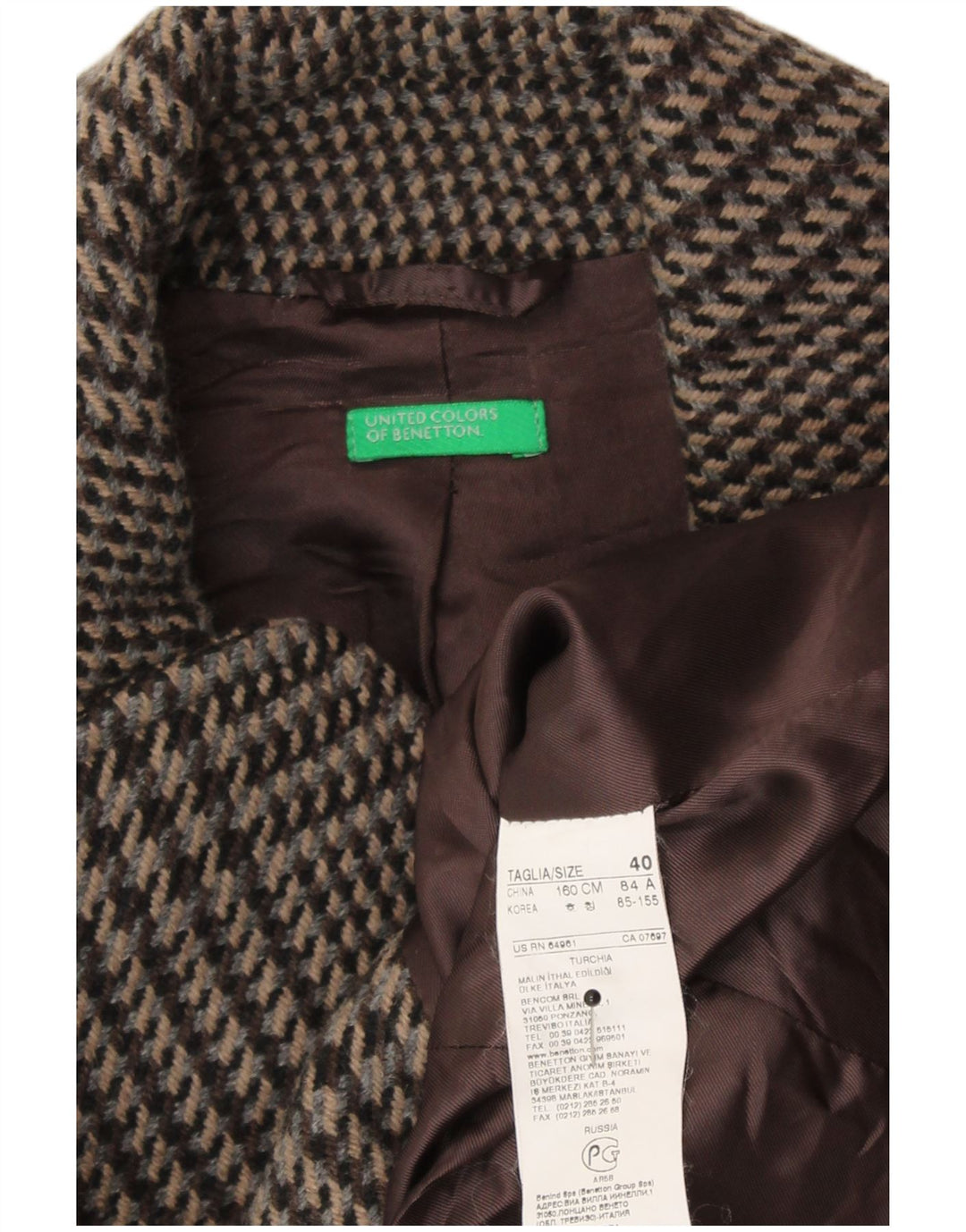 Женский пиджак с поясом Benetton IT 40, маленький коричневый, шерсть с узором «гусиные лапки»