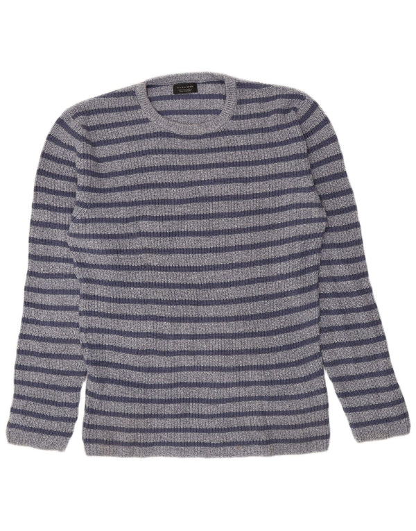 Zara Mens Crew Neck Jumper Sweater Large Blue Striped Cotton