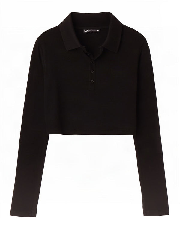 Женская укороченная рубашка-поло с длинным рукавом Zara UK 12, средний черный