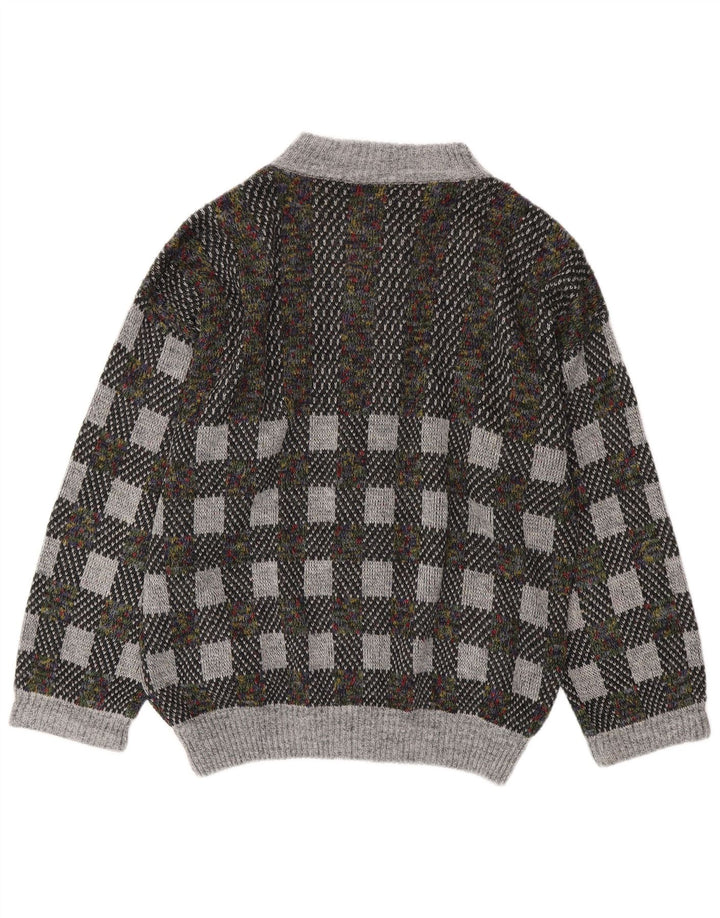 Винтажный мужской кардиган-свитер IT 54 XL, серый, шерсть с геометрическим рисунком