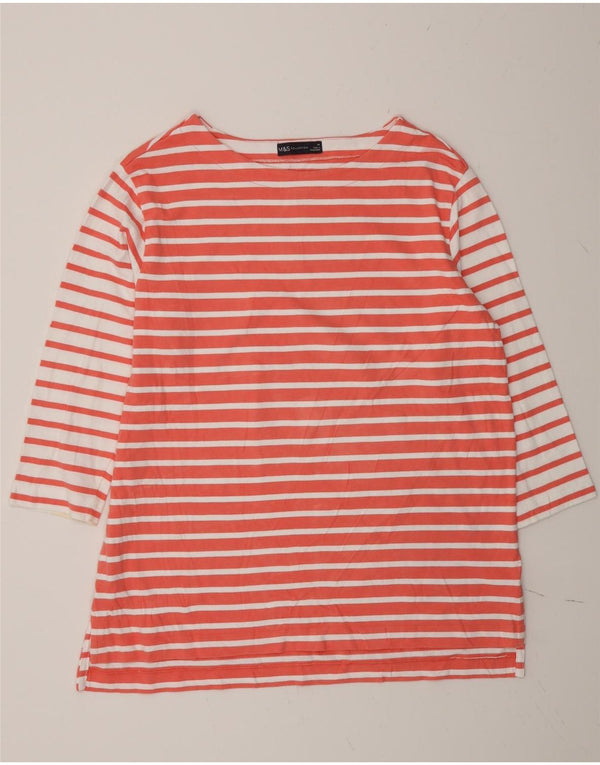 Marks & Spencer Womens Top 3/4 Sleeve UK 14 Large Pink Striped Cotton