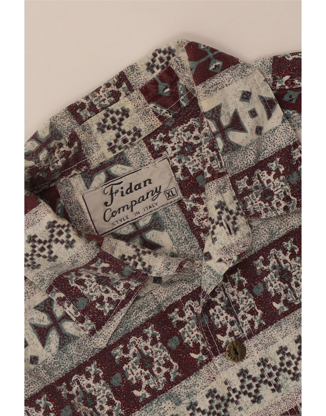 Винтажная мужская рубашка с коротким рукавом XL бордового цвета с геометрическим рисунком ацтеков