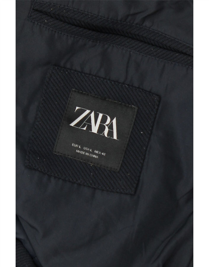 Мужское стеганое пальто с капюшоном Zara UK 40, большой темно-синий, полиэстер, зимнее