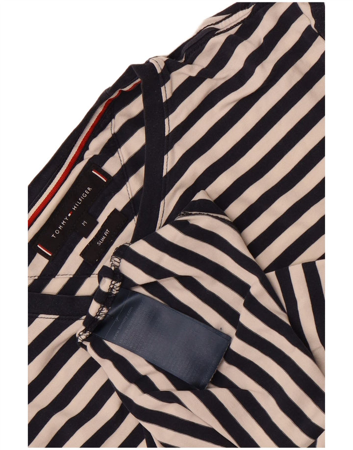 Мужская футболка приталенного кроя Tommy Hilfiger, хлопковый топ среднего размера, темно-синяя полоска