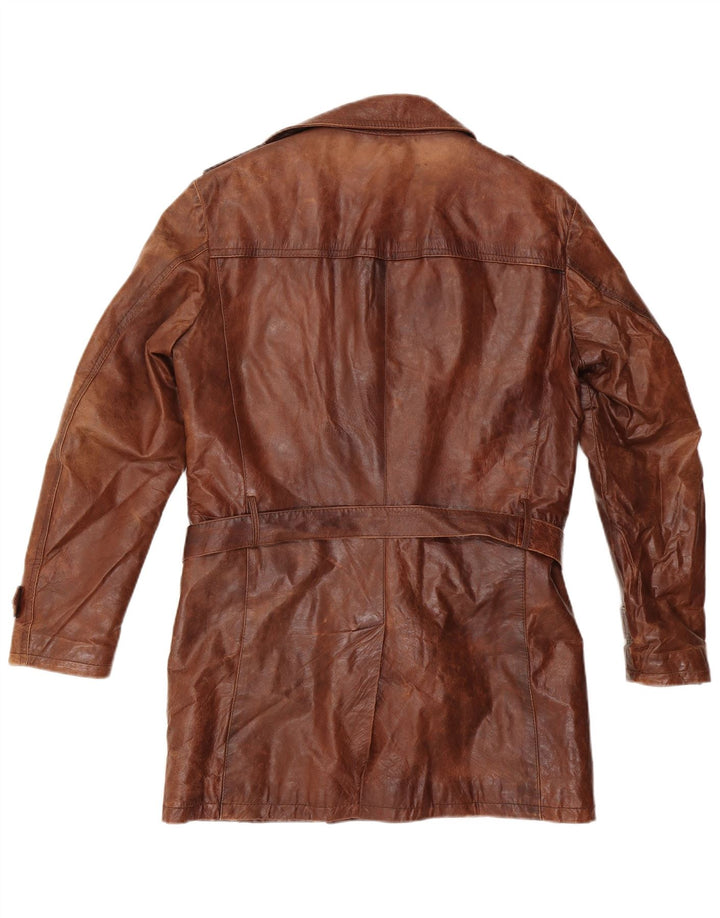 ВИНТАЖНОЕ Мужское двубортное кожаное пальто в стиле милитари IT 50, большое коричневое