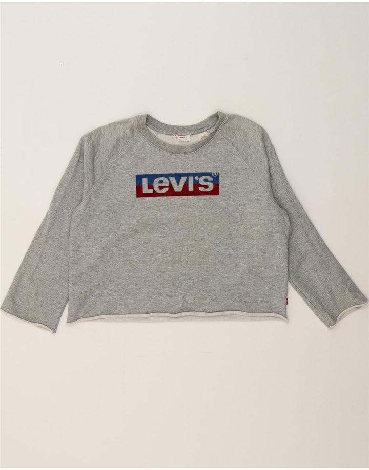 LEVI'S Womens Crop Graphic Sweatshirt Jumper UK 16 Large Grey Cotton Vintage Levi's and Second-Hand Levi's from Messina Hembry 