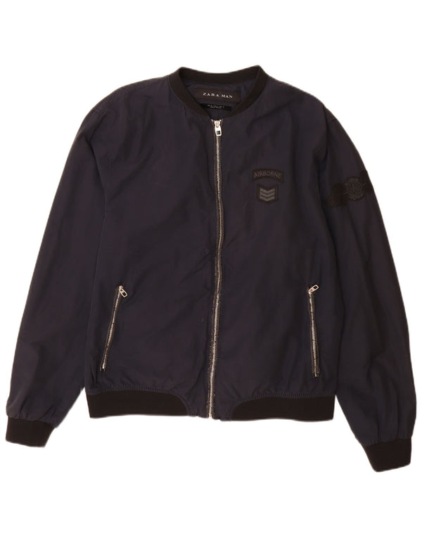 Мужская куртка-бомбер Zara UK 42 XL, темно-синяя, хлопок с цветными блоками