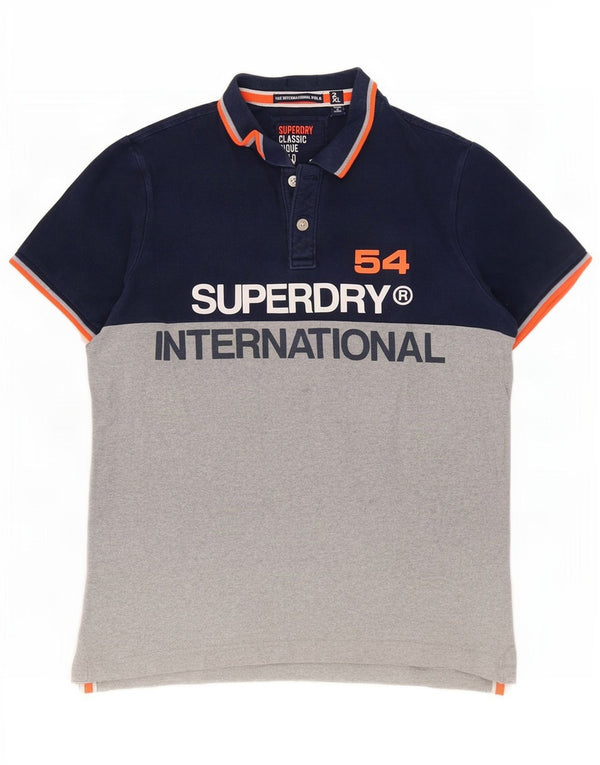 Мужская рубашка-поло классического кроя с рисунком Superdry 2XL, синяя, хлопок с цветными блоками