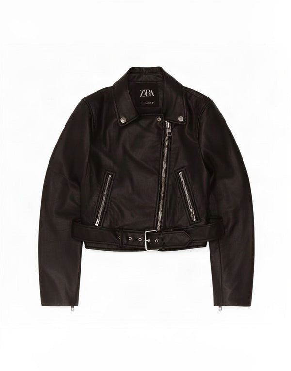 Женская укороченная байкерская куртка из искусственной кожи Zara UK 10, маленькая черная, полиэстер