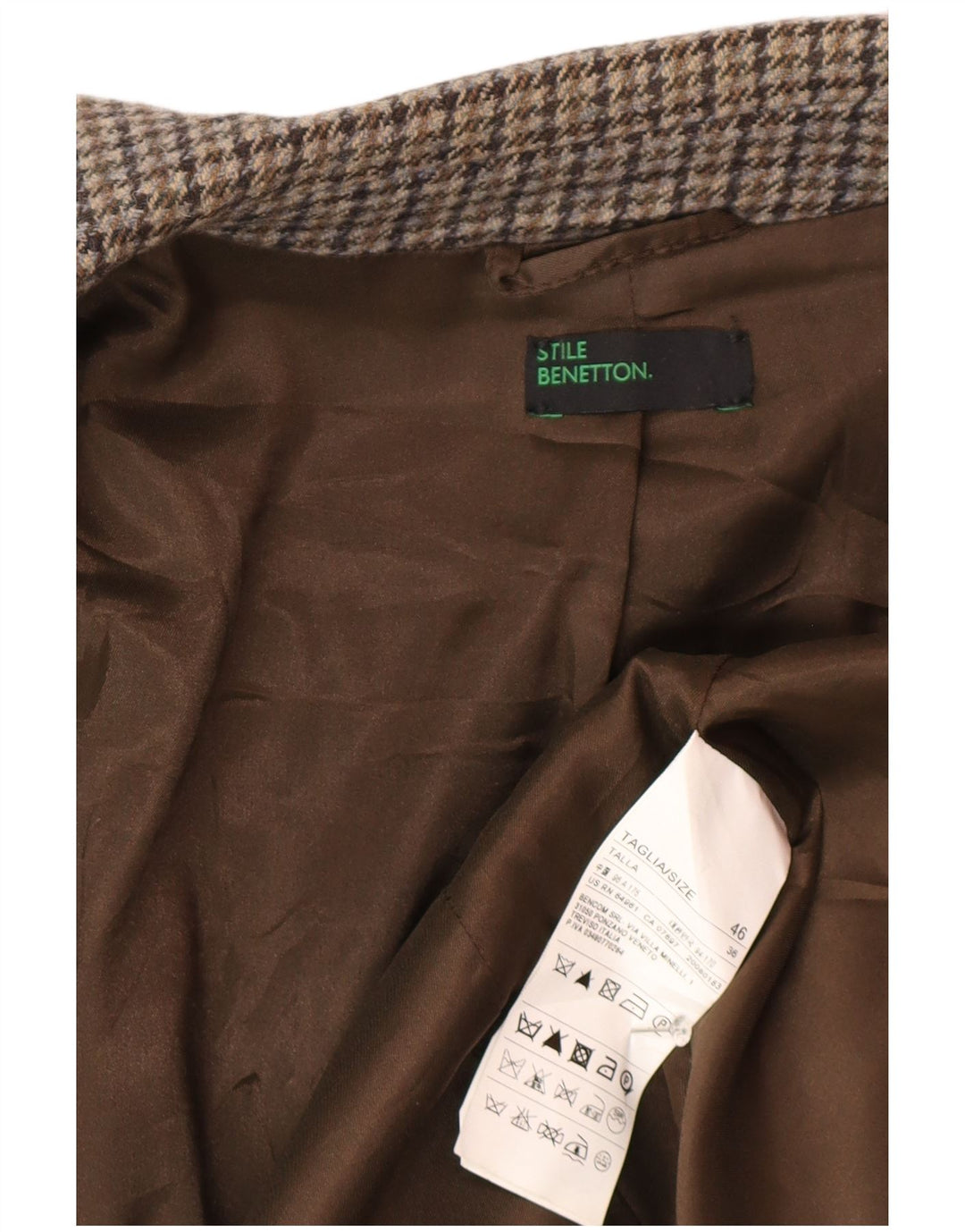 Женский пиджак на 1 пуговице Benetton IT 46, большой серый, шерсть с узором «гусиные лапки»