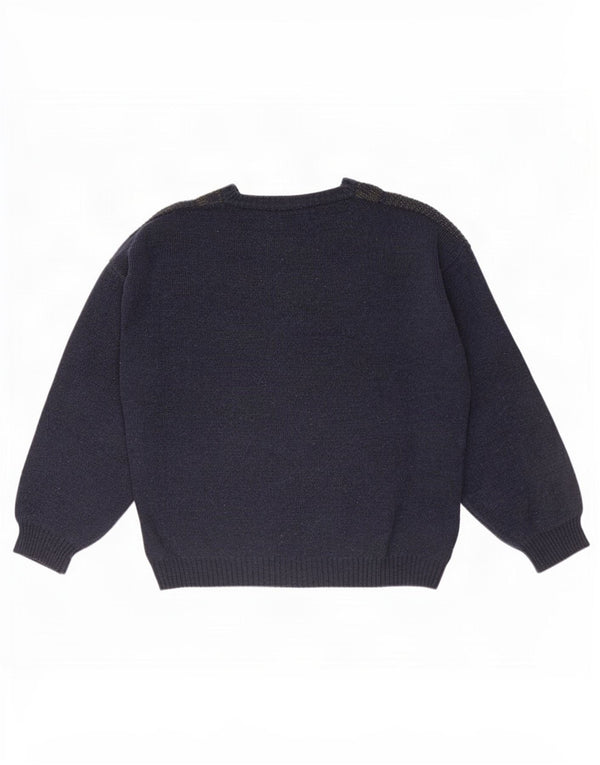 Hajo Mens V-Neck Jumper Sweater Large Navy Blue Geometric Acrylic
