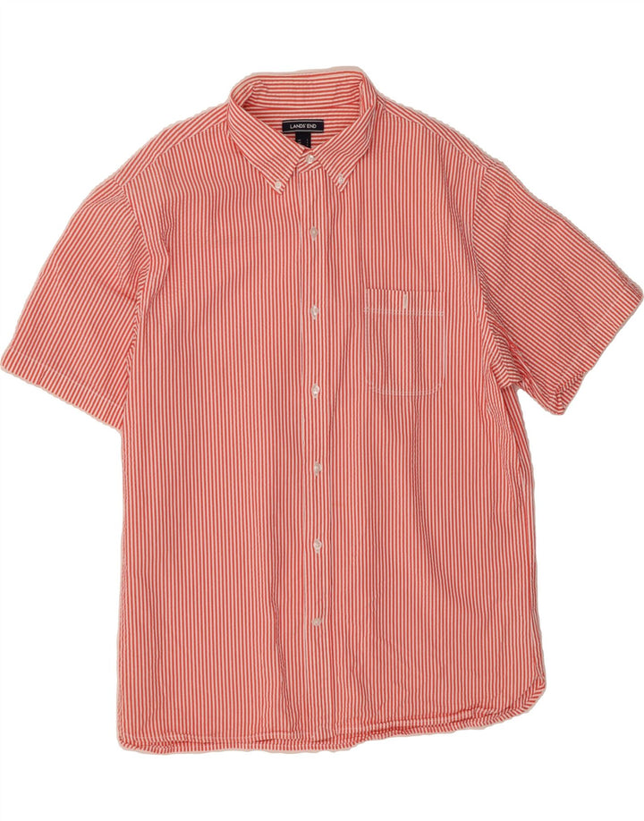 LANDS END Mens Short Sleeve Shirt Large Red Striped Cotton Vintage Lands End and Second-Hand Lands End from Messina Hembry 