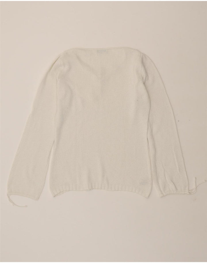 BENETTON Womens V-Neck Jumper Sweater UK 14 Medium White Cotton Vintage Benetton and Second-Hand Benetton from Messina Hembry 