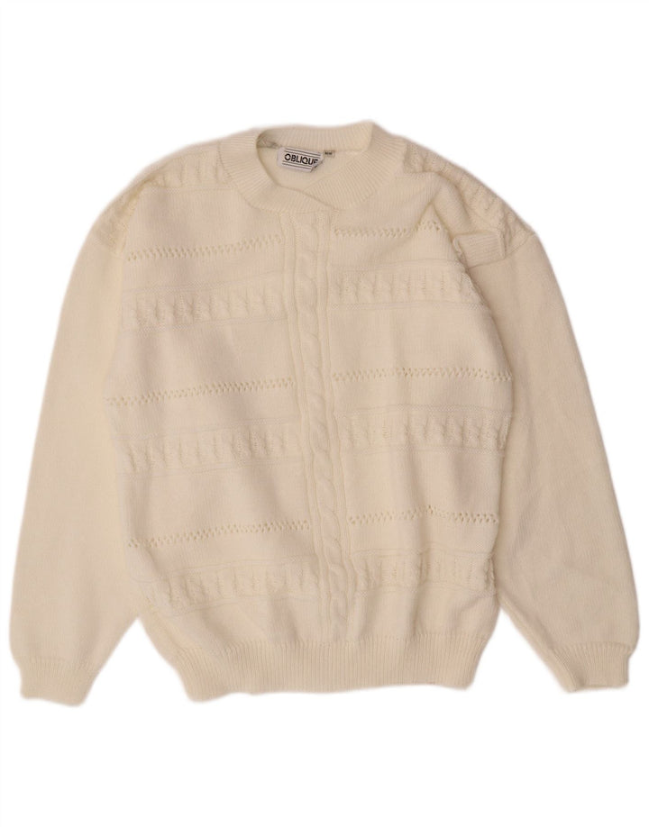 VINTAGE Mens Crew Neck Jumper Sweater Medium White Acrylic