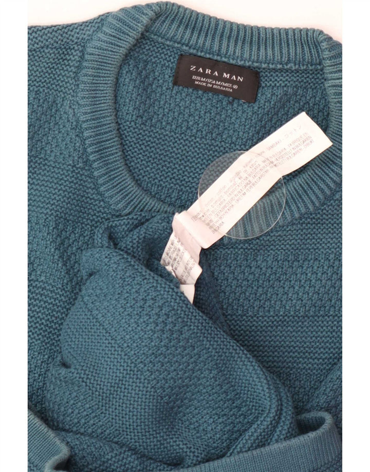 Мужской джемпер с круглым вырезом Zara, хлопковый свитер среднего синего цвета в полоску