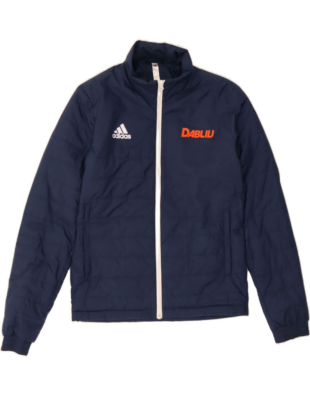 ADIDAS Mens Graphic Padded Jacket UK 36  Small Navy Blue Polyester Vintage Adidas and Second-Hand Adidas from Messina Hembry 