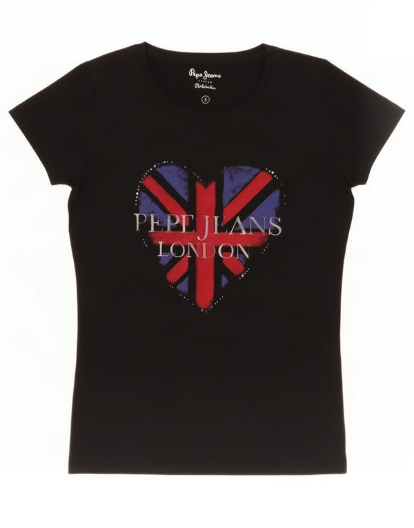 Женская футболка с рисунком PEPE Jeans Top UK 10, маленькая, черный хлопок