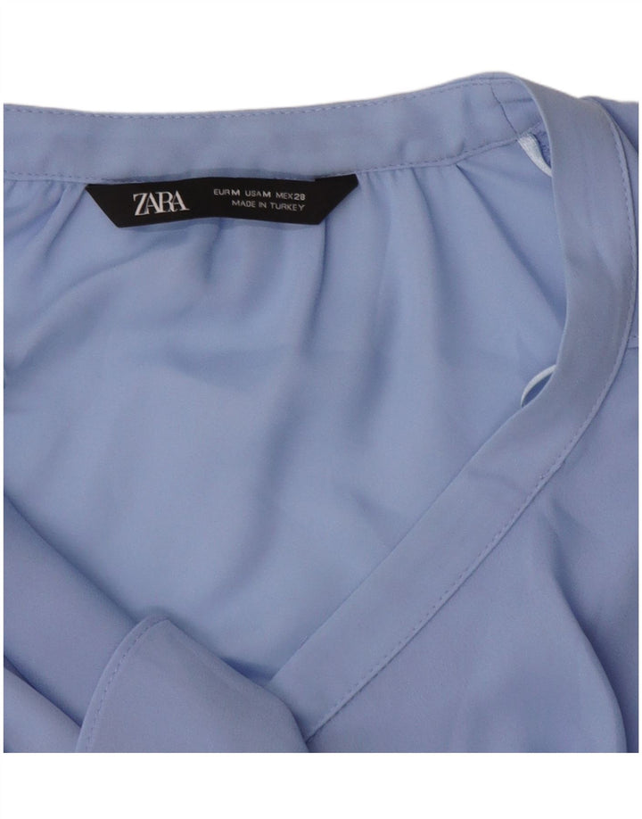 Женская блузка-рубашка с рюшами спереди ZARA UK 14, средний синий цвет
