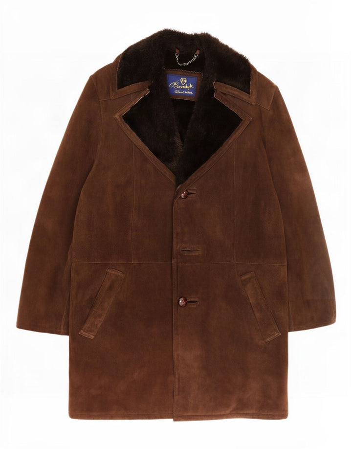 Винтажное мужское пальто из овчины UK 38, замша среднего коричневого цвета